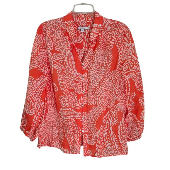 Chicos Womens Orange Paisley Button‎ Up Blouse Long Sleeve Split Neck Size 14 - Picture 1 of 11
